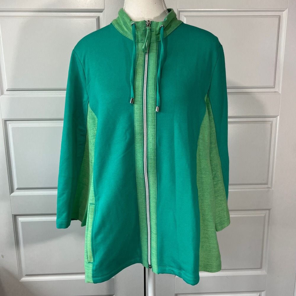 Weekends by Chicos Green Full Zip Jacket Lightweight Sz 2 (L) Colorblock‎